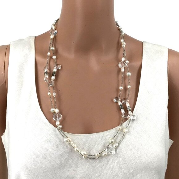 Mary Kay Rope Necklace Toggle Closure White Silver Tone Gray Beads - Picture 1 of 4